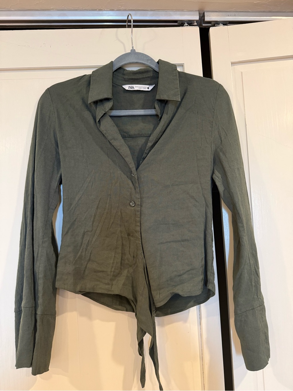 Zara Olive Green Tie-Front Button Down Shirt